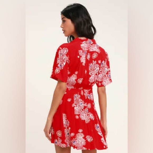 Free People Blue Hawaii Printed Floral Fit & Flare Red Button Collar Dress Small - Picture 2 of 8